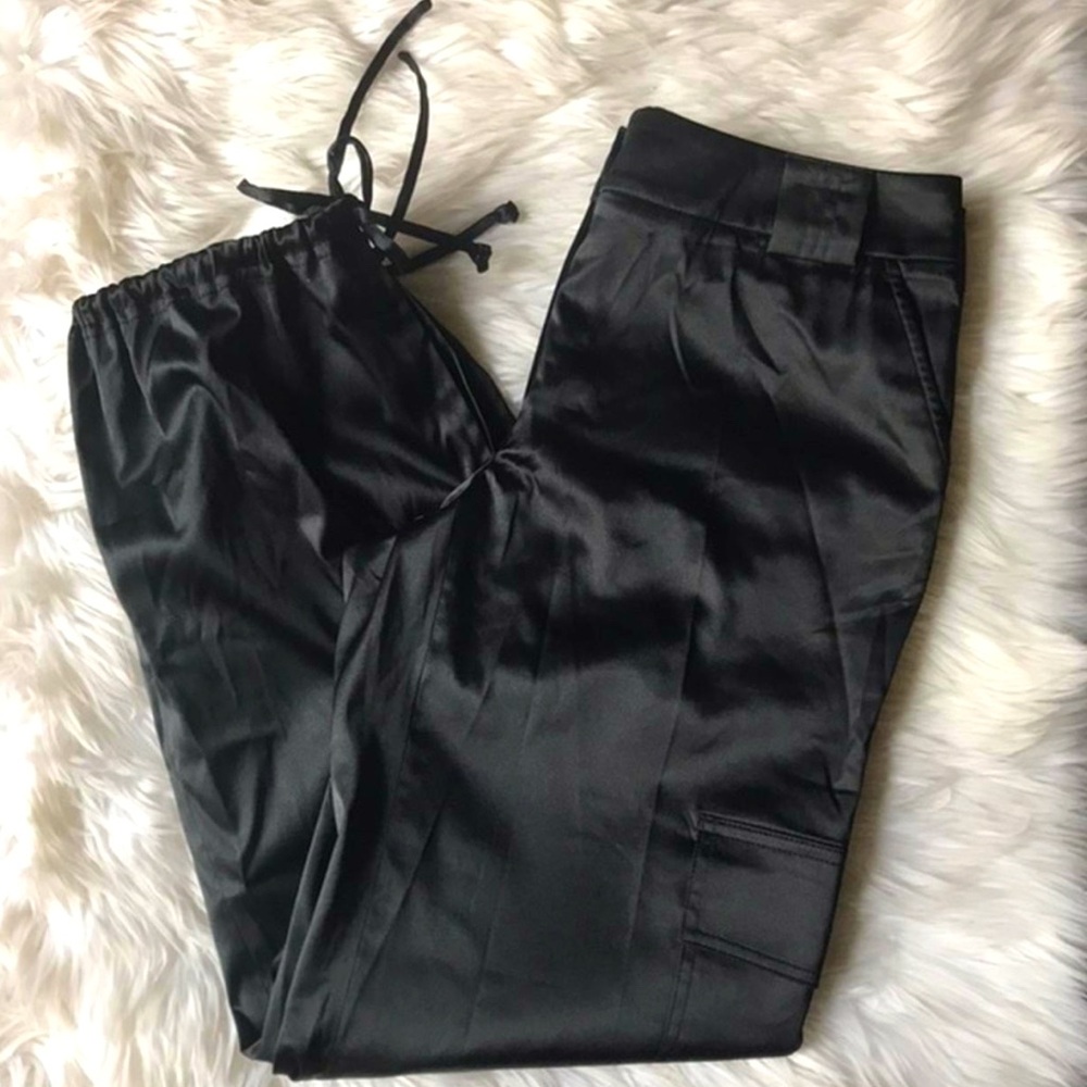 Black Satin Loose Cargo Pants
